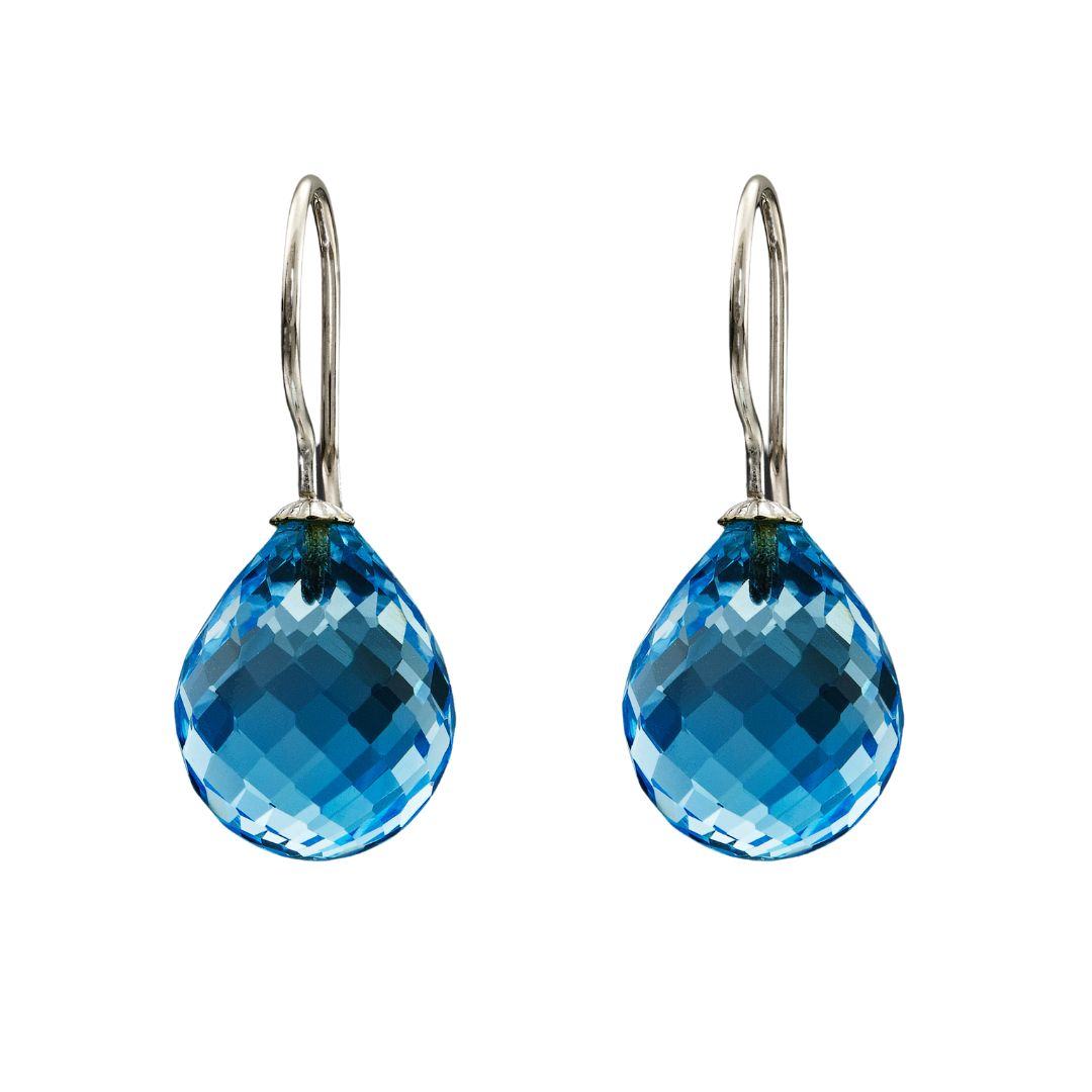Snoepjes | 14 karaat witgouden oorhangers met blauwe topaas | druppelvormig 12 x 10 mm