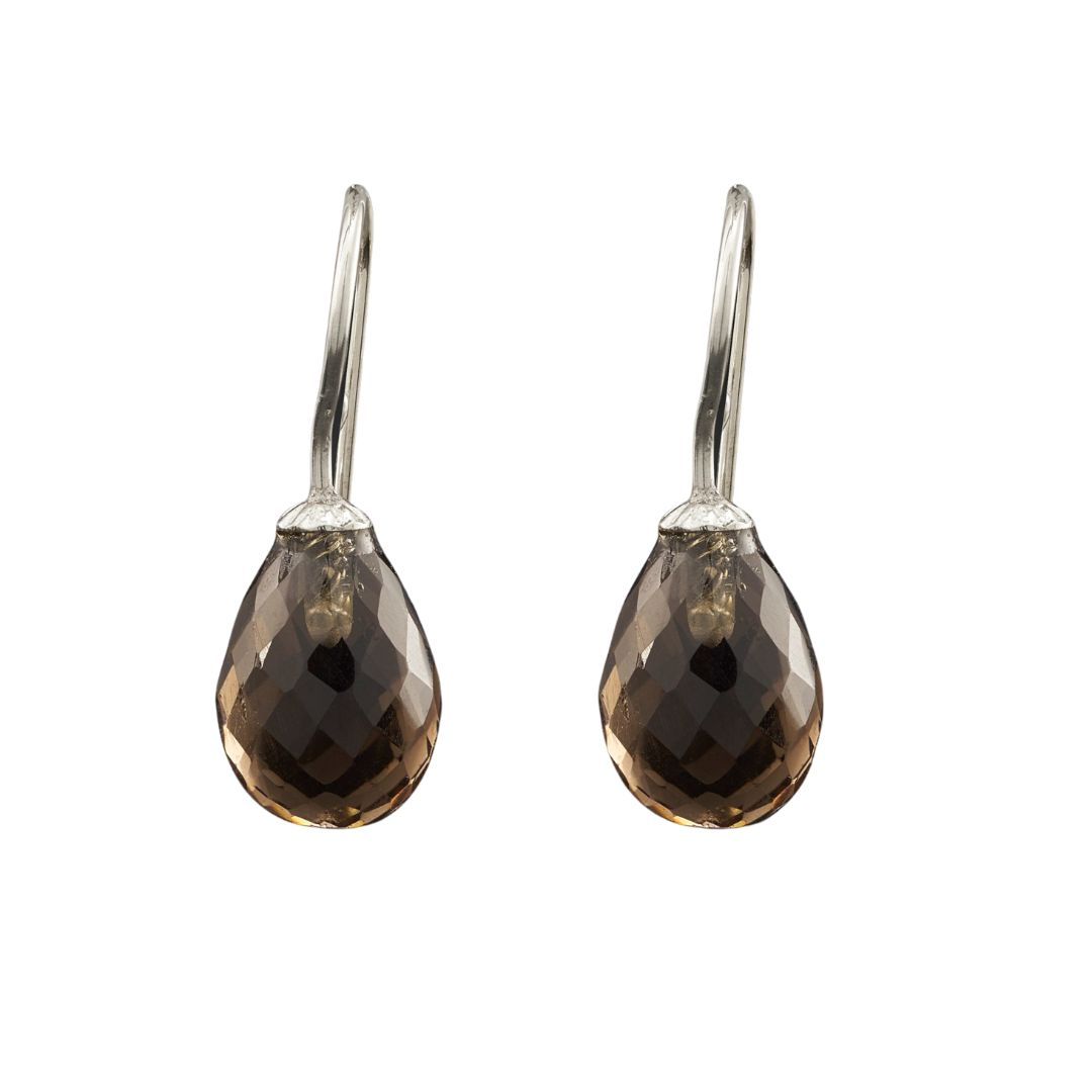 Snoepjes | 14 karaat witgouden oorhangers met bruine rookkwarts | druppelvormig 10 x 7 mm