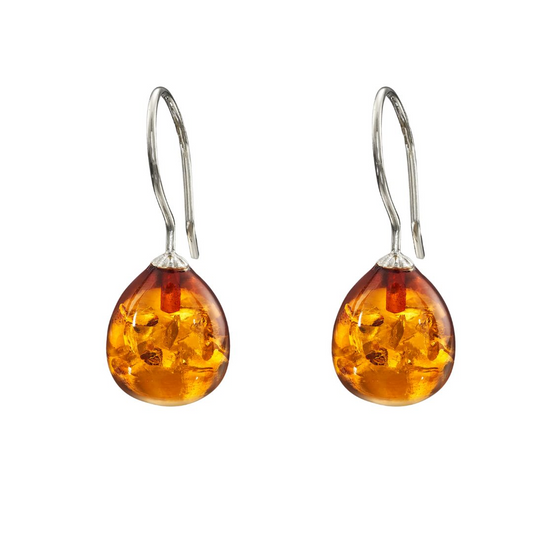 Snoepjes | 14 karaat witgouden oorhangers met geeloranje barnsteen | druppelvormig 12 x 10 mm