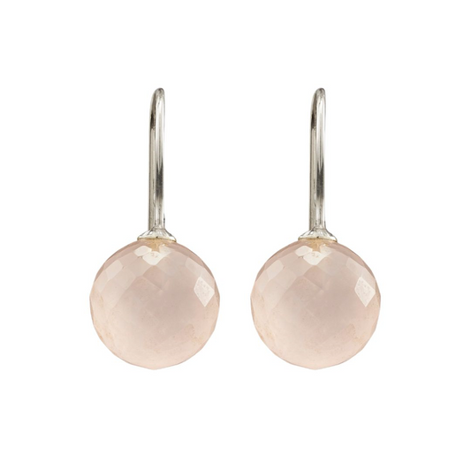 Snoepjes | 14 karaat witgouden oorhangers met roze rozenkwarts | balvormig 10 mm