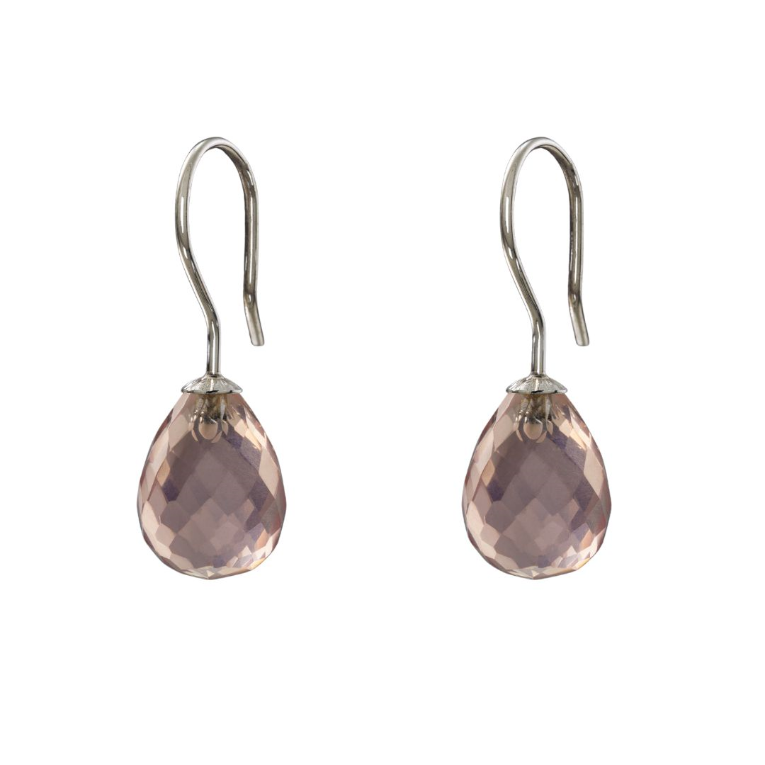 Snoepjes | 14 karaat witgouden oorhangers met roze rozenkwarts | druppelvormig 12 x 10 mm