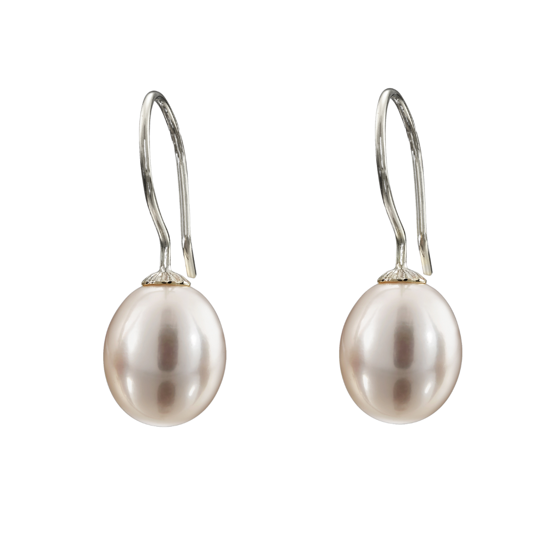 Snoepjes | 14 karaat witgouden oorhangers met witte zoetwaterparel | druppelvormig 7.5 - 8 mm