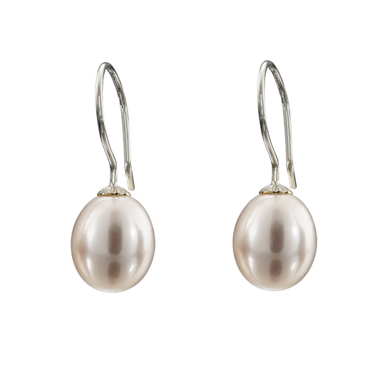 Snoepjes | 14 karaat witgouden oorhangers met witte zoetwaterparel | druppelvormig 7.5 - 8 mm