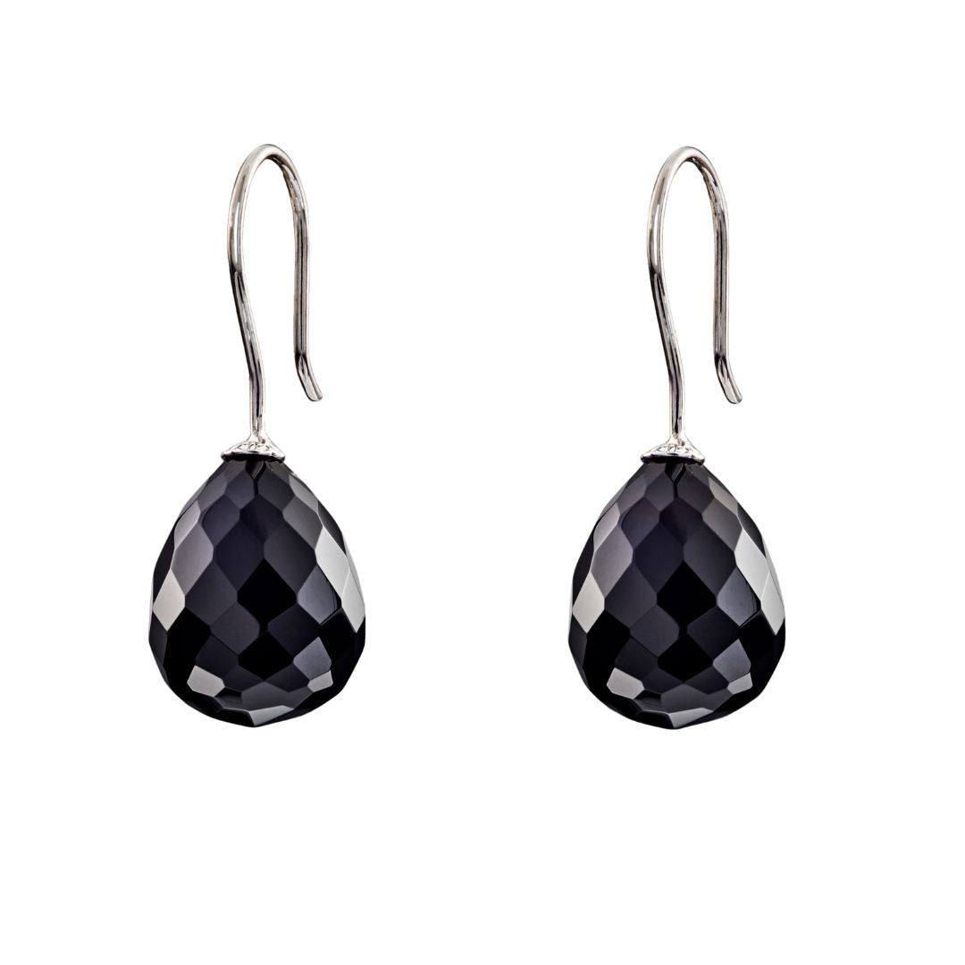 Snoepjes | 14 karaat witgouden oorhangers met zwarte onyx | druppelvormig 12 x 10 mm
