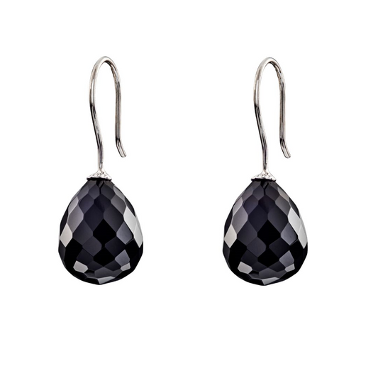 Snoepjes | 14 karaat witgouden oorhangers met zwarte onyx | druppelvormig 12 x 10 mm